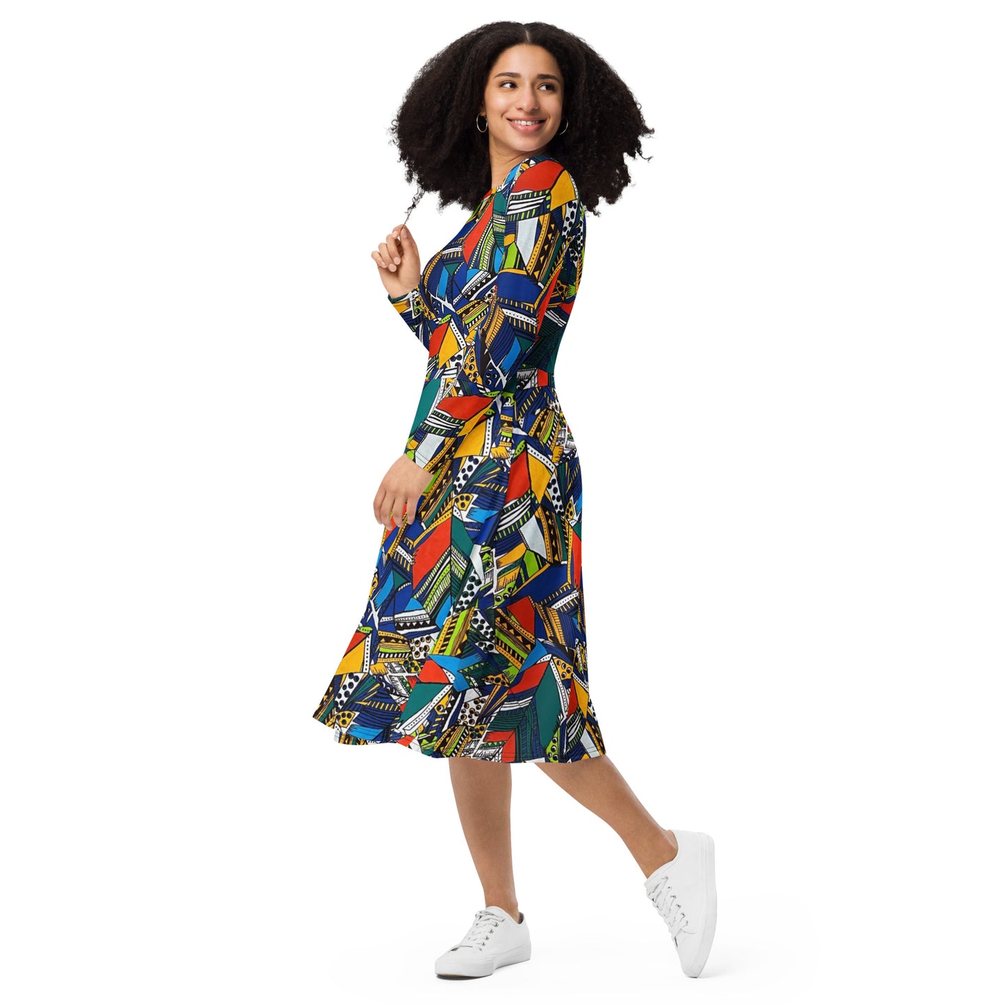 Multicolour Shapes Ankara Long Sleeve Midi Dress