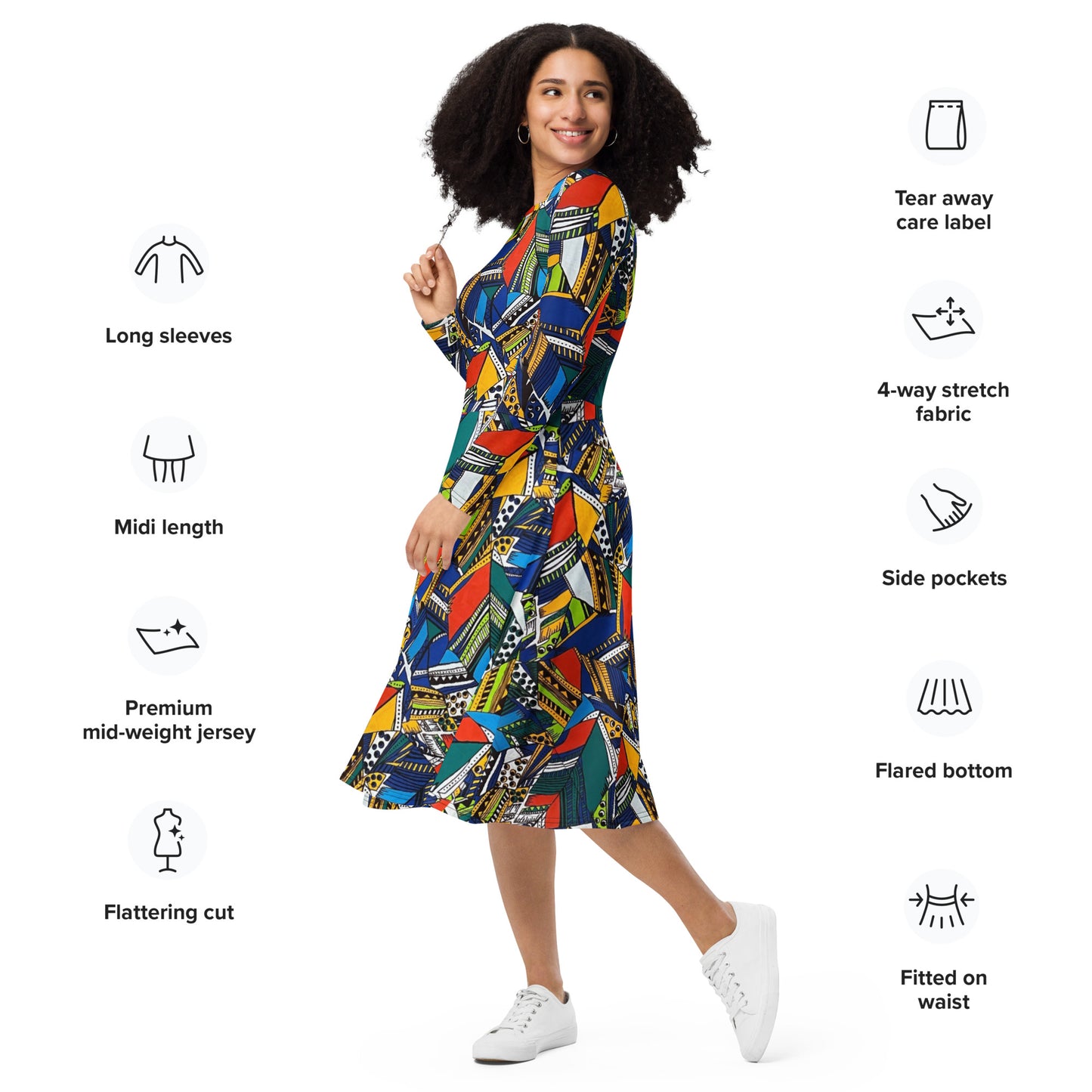 Multicolour Shapes Ankara Long Sleeve Midi Dress