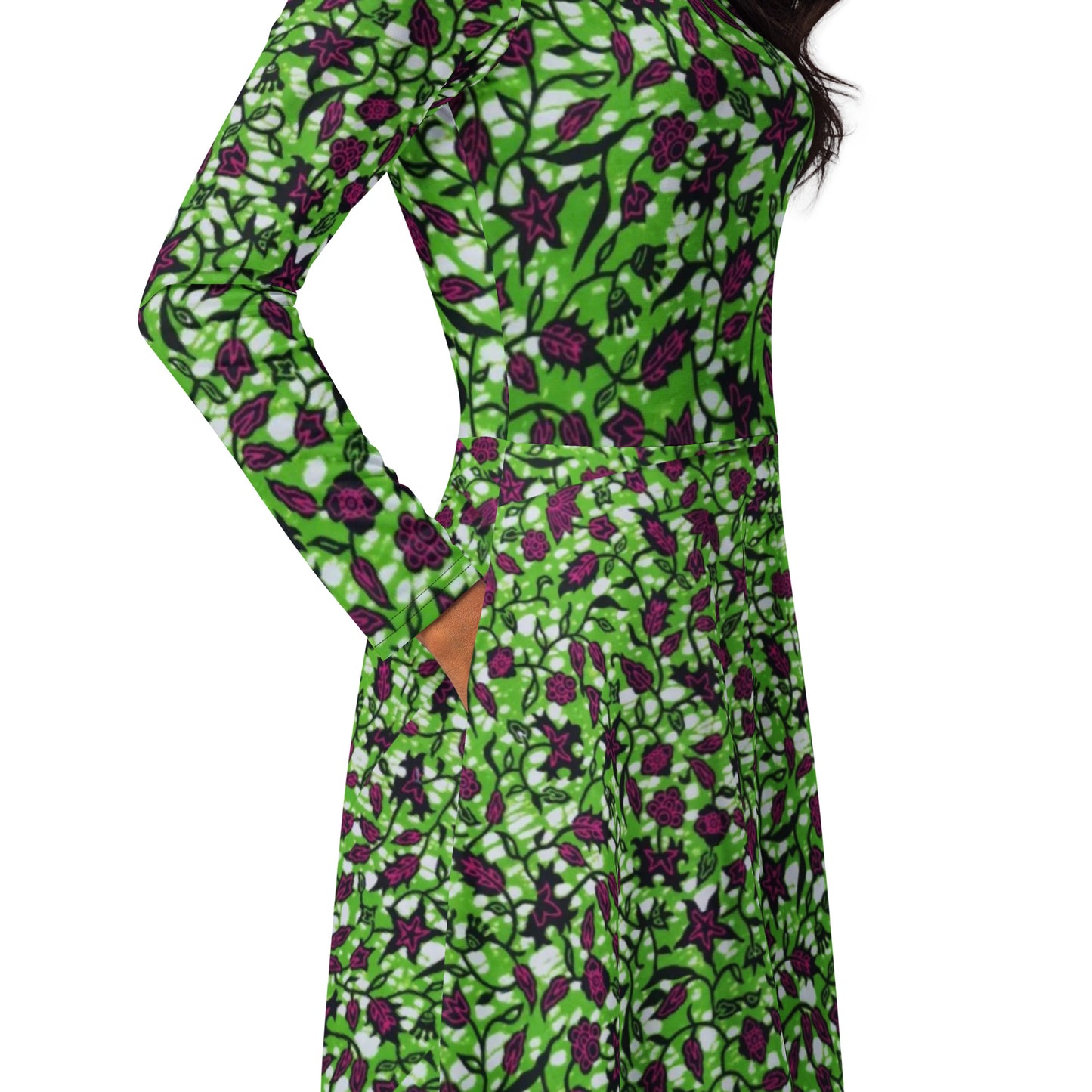 Green Burgundy Ankara Long Sleeve Midi Dress