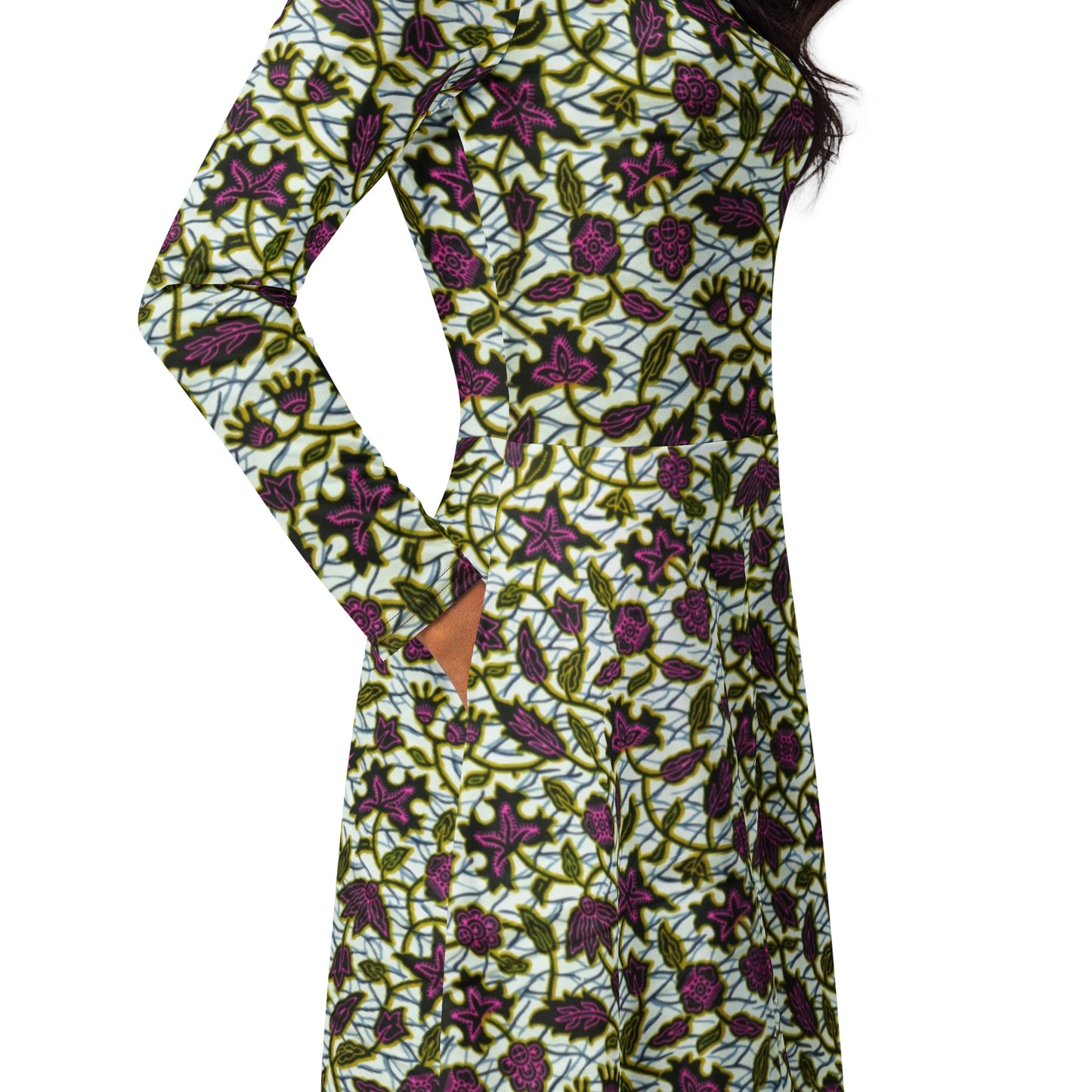 Pink Green Leaves Ankara Long Sleeve Midi Dress