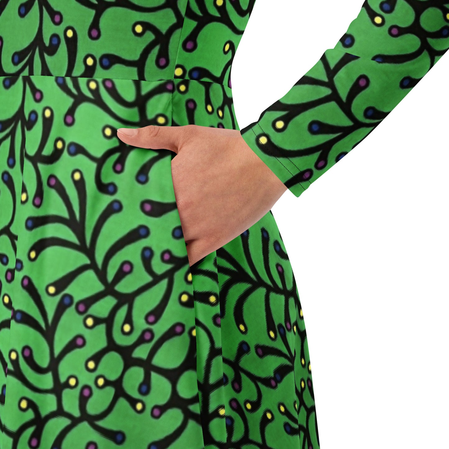 Vibrant Green And Yellow Polka Dots African Print Ankara Long Sleeve Midi Dress