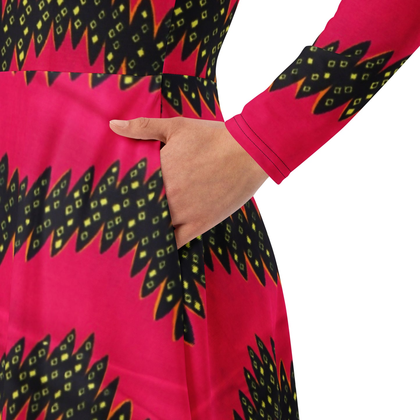 Pink Black Yellow Ankara Long Sleeve Midi Dress