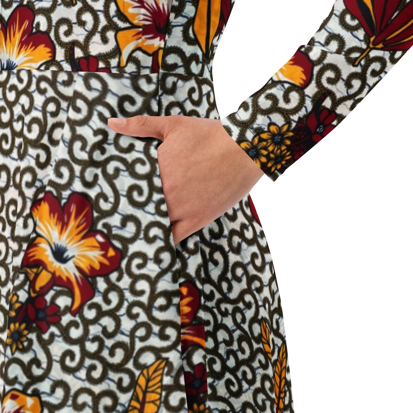 Red Yellow Black & White Bogolan Ankara Long Sleeve Midi Dress