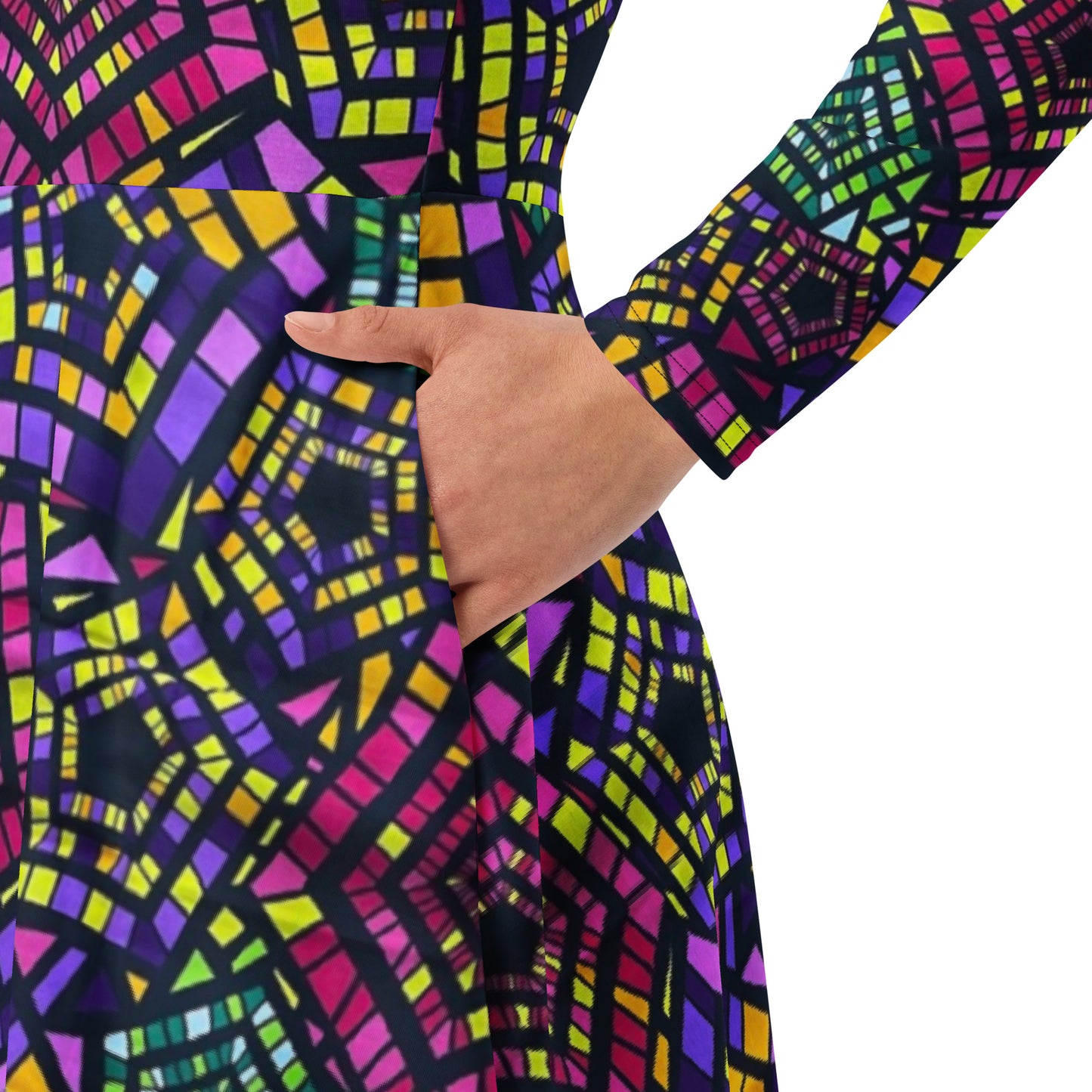 Yellow Pink Green Kente Ankara Long Sleeve Midi Dress