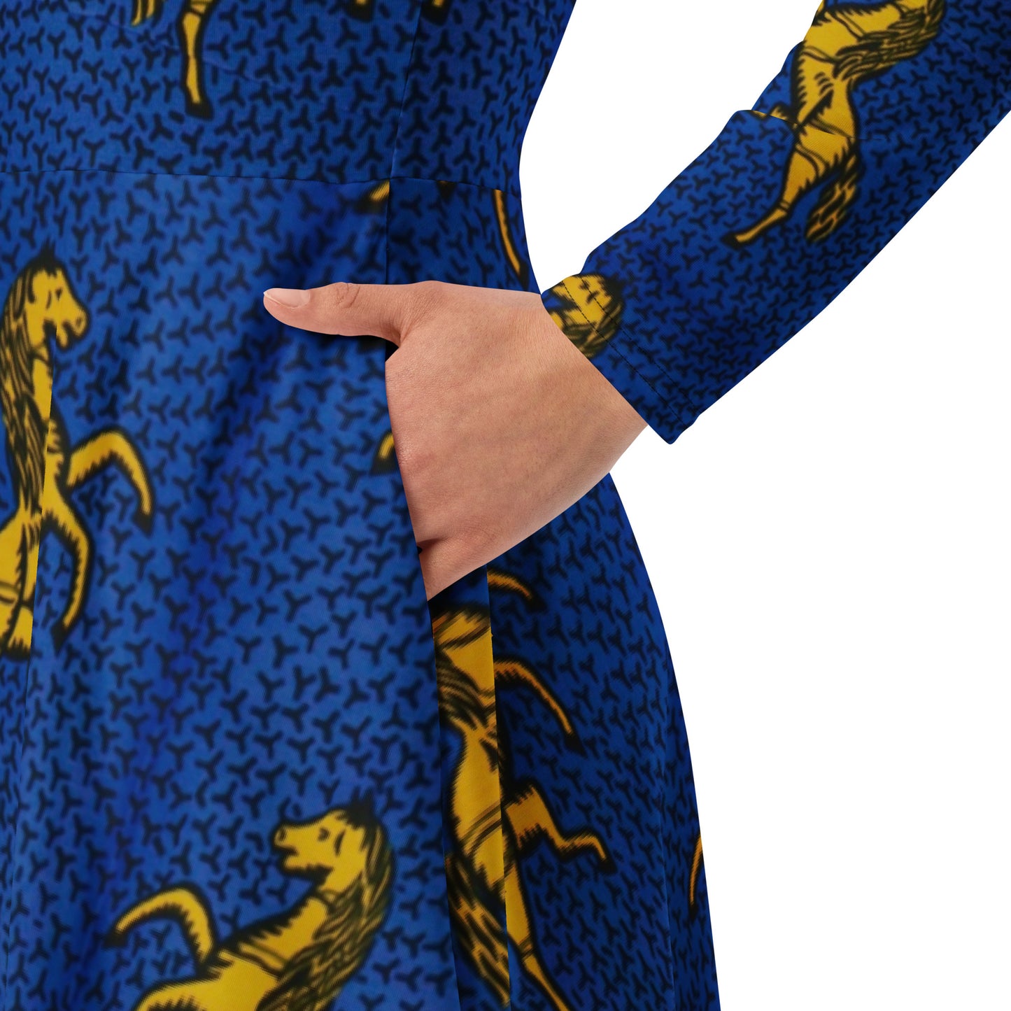 Yellow Horses On Blue Ankara Long Sleeve Midi Dress