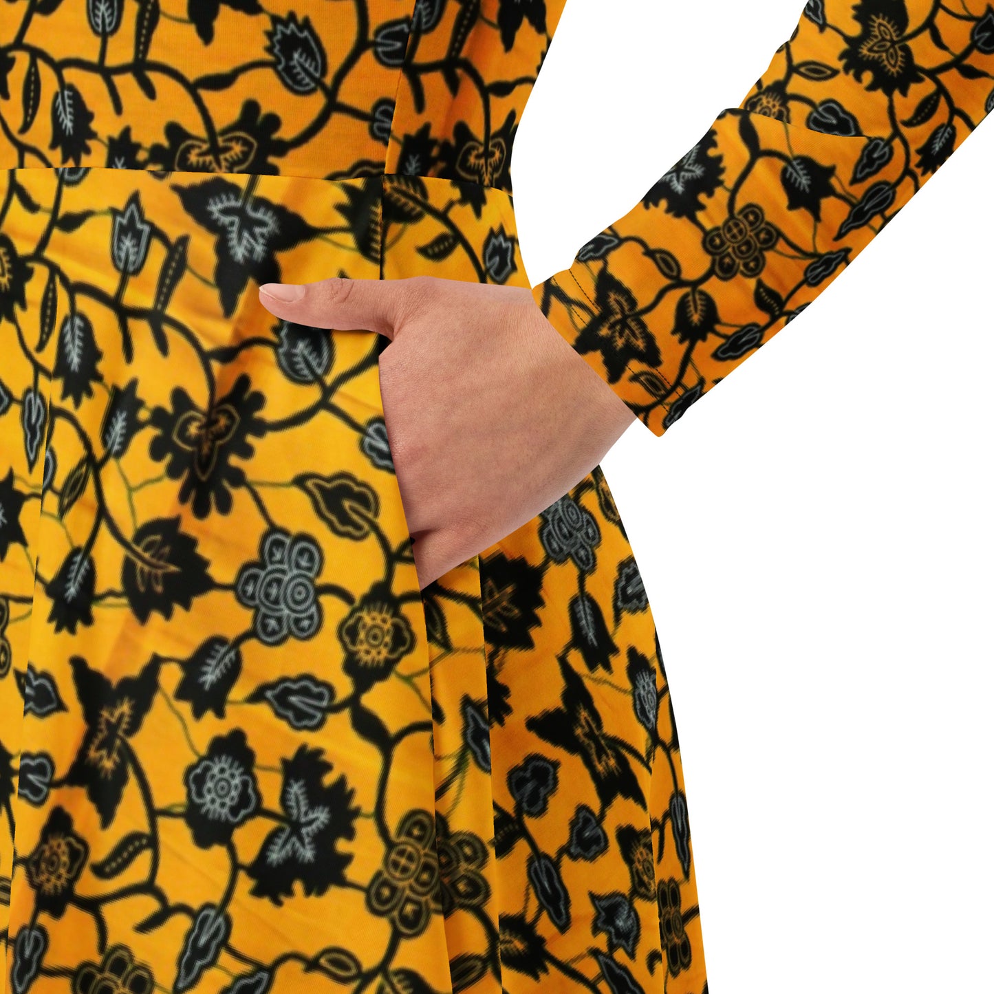 Yellow & Leaves Ankara Long Sleeve Midi Dress