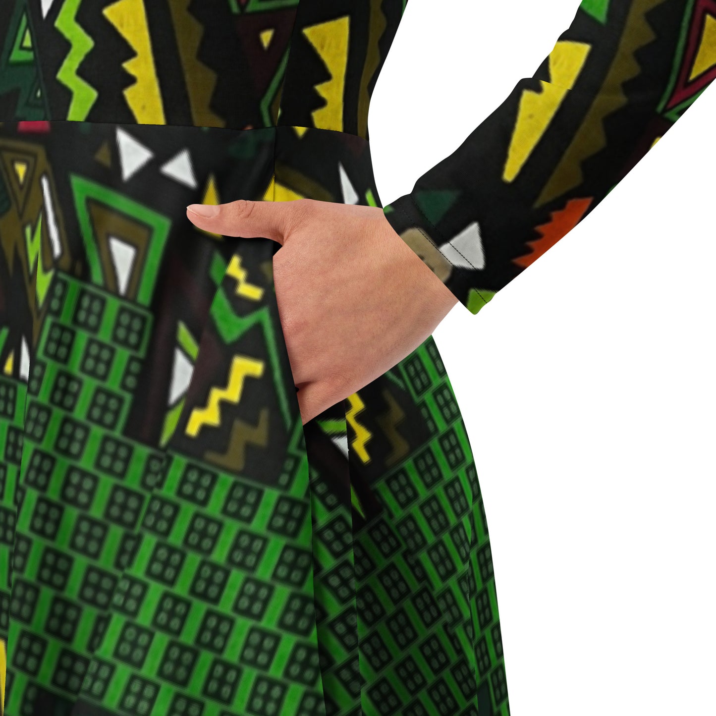 Vibrant Multicolour Green Black Yellow Red Ethnic Ankara Long Sleeve Midi Dress