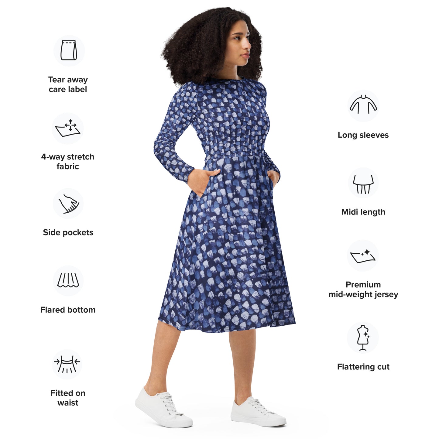 Blue Dotted Adire Long Sleeve Midi Dress