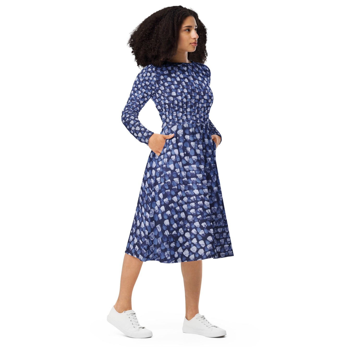 Blue Dotted Adire Long Sleeve Midi Dress