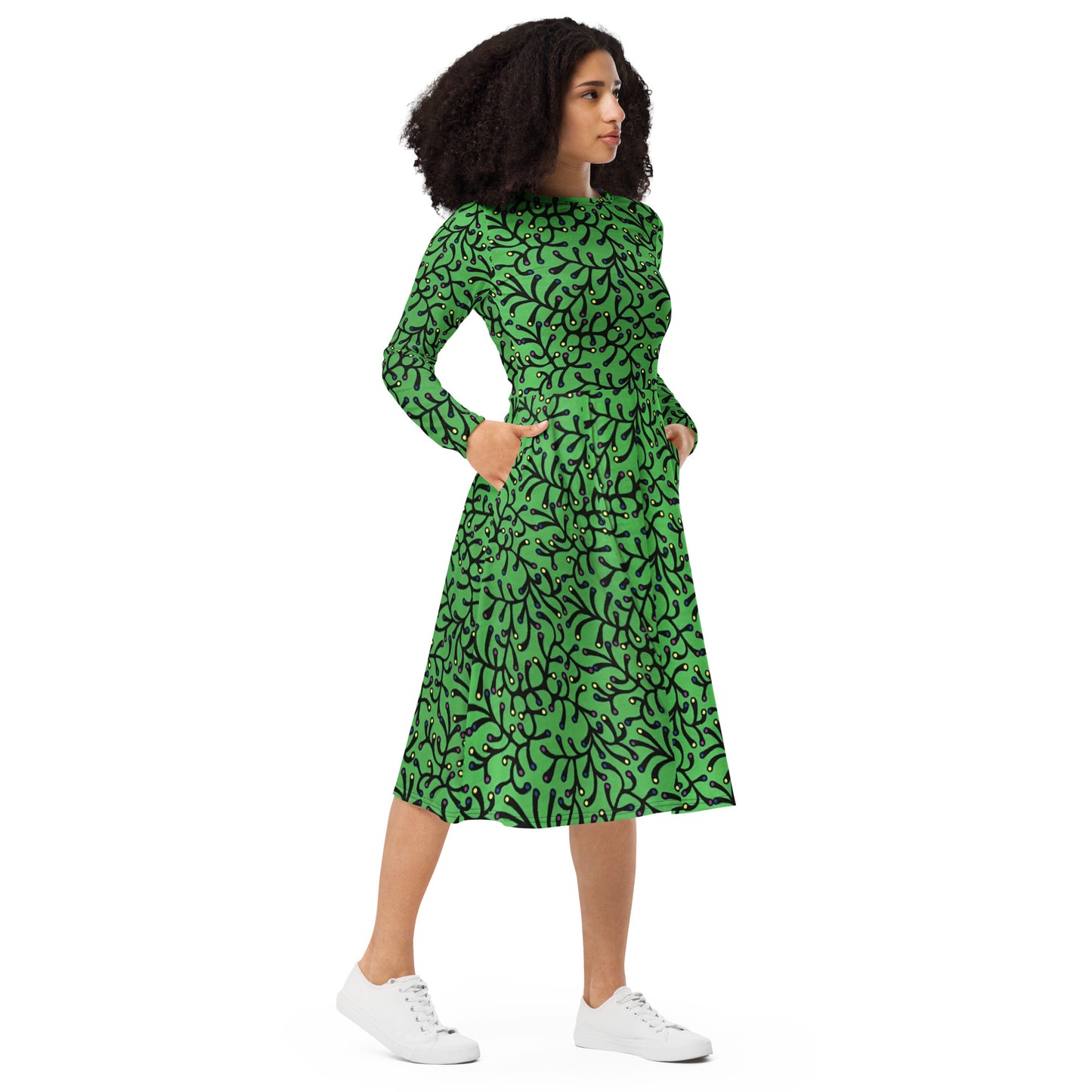 Vibrant Green And Yellow Polka Dots African Print Ankara Long Sleeve Midi Dress