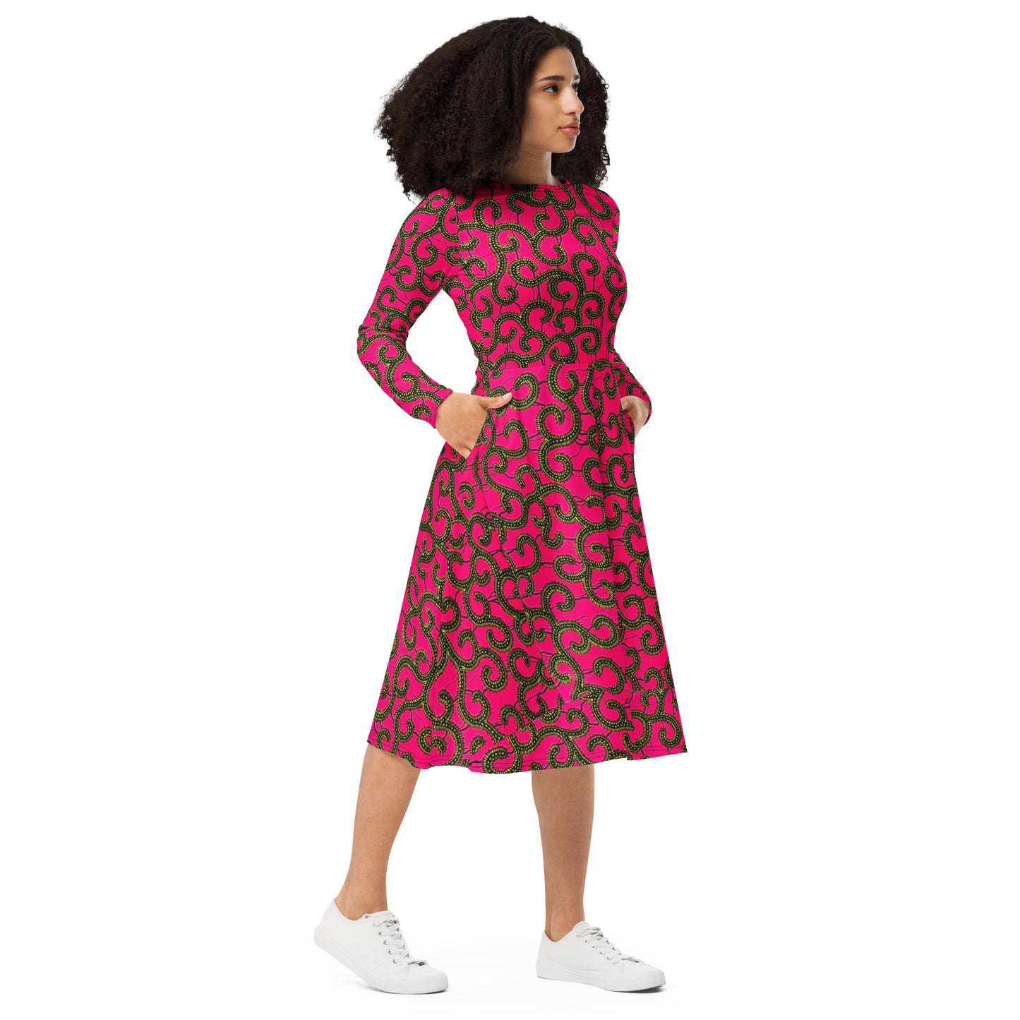 Pink Ankara Long Sleeve Midi Dress