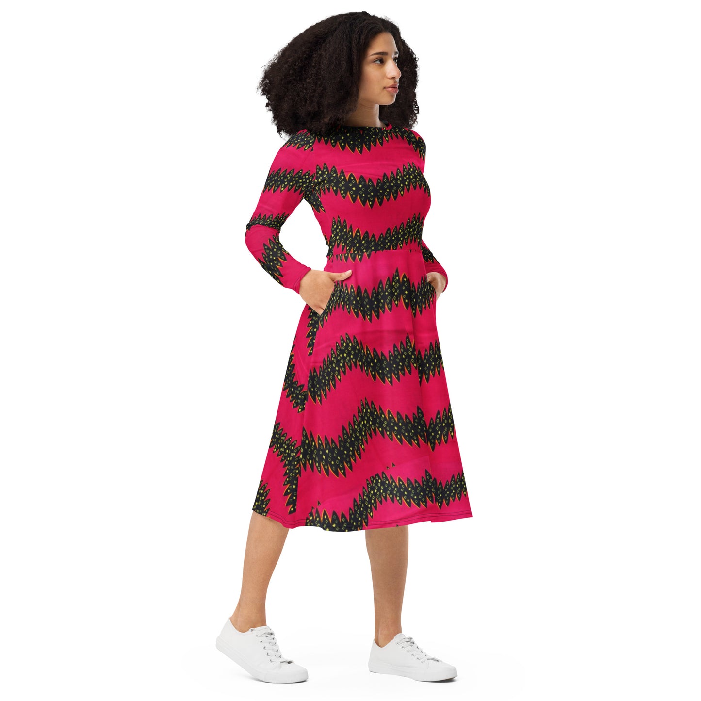 Pink Black Yellow Ankara Long Sleeve Midi Dress