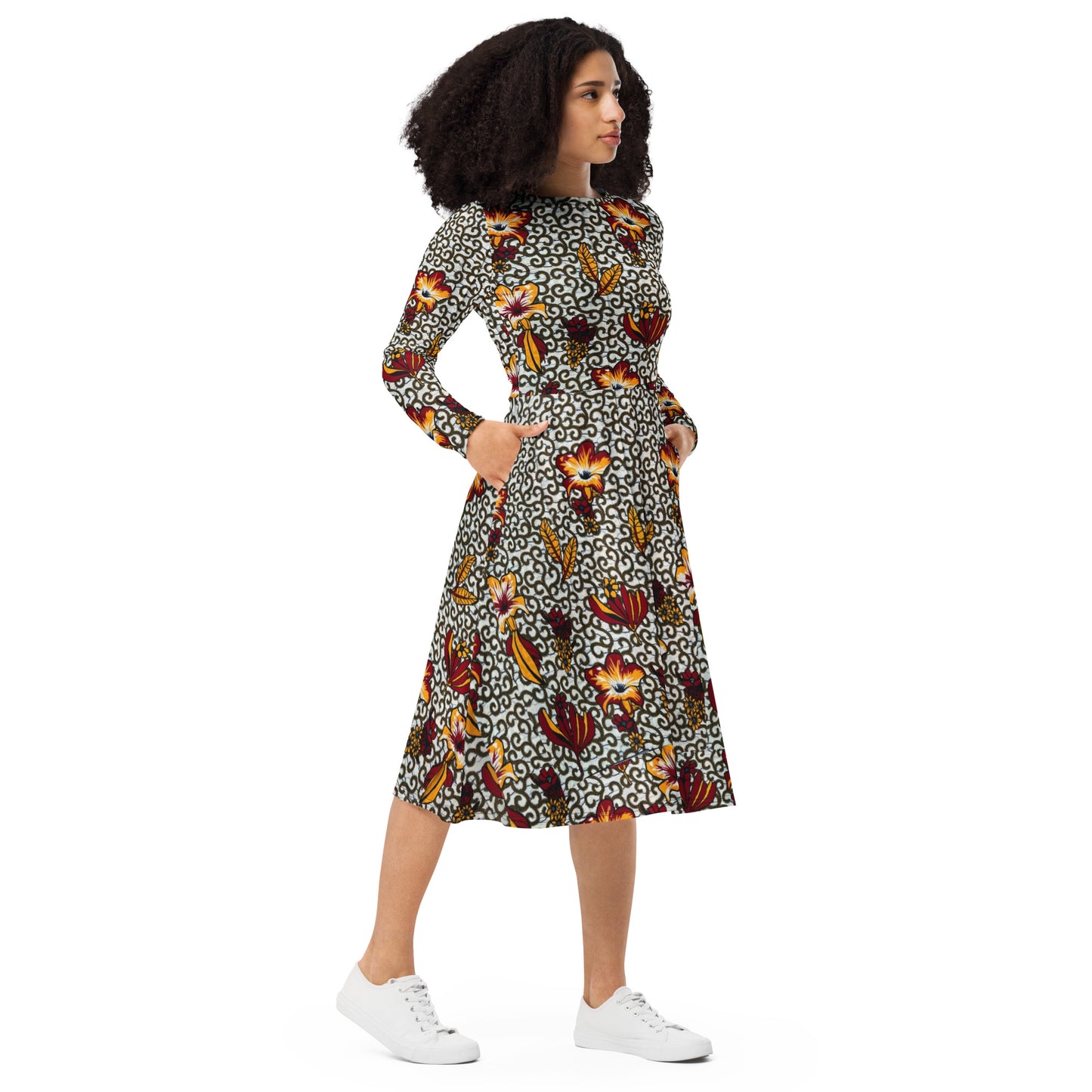 Red Yellow Black & White Bogolan Ankara Long Sleeve Midi Dress