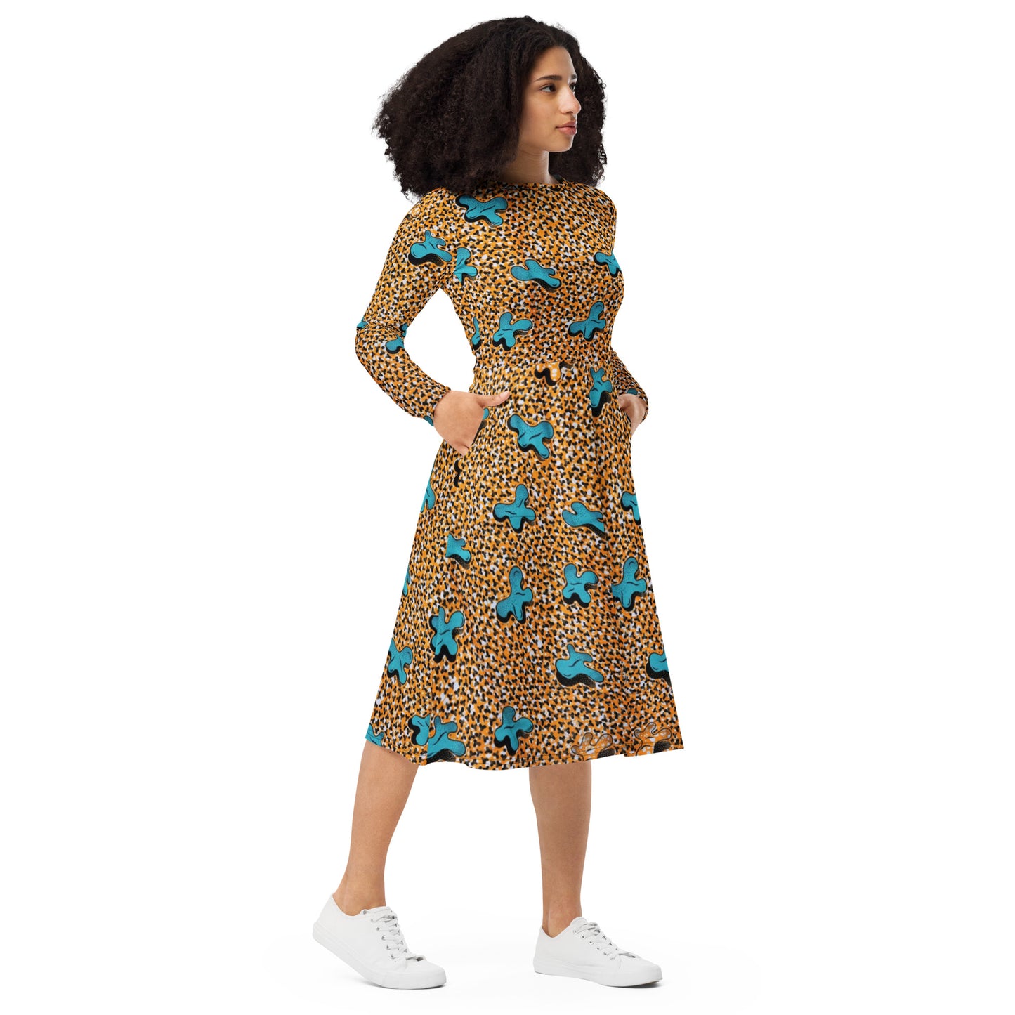 Sky Blue & Pale Orange Ankara Long Sleeve Midi Dress