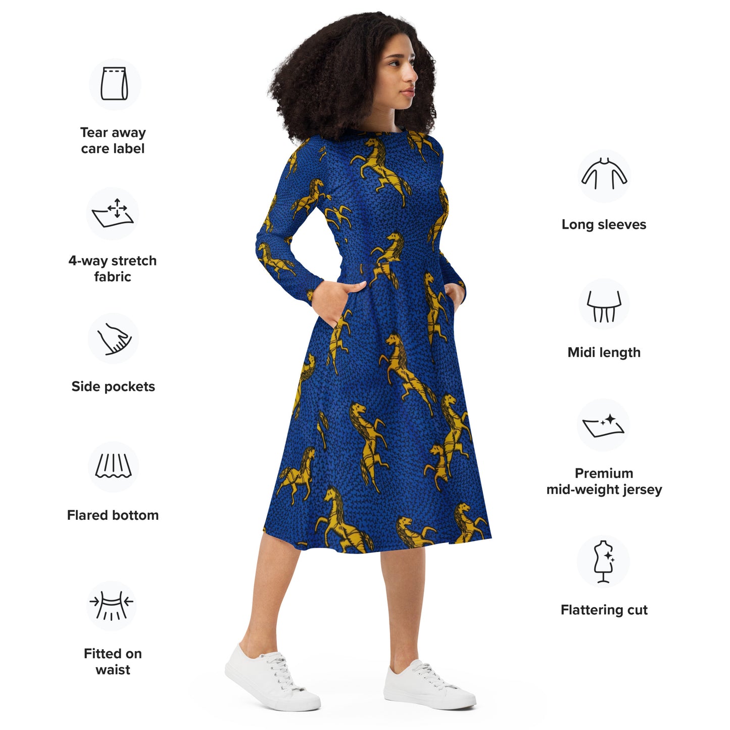 Yellow Horses On Blue Ankara Long Sleeve Midi Dress