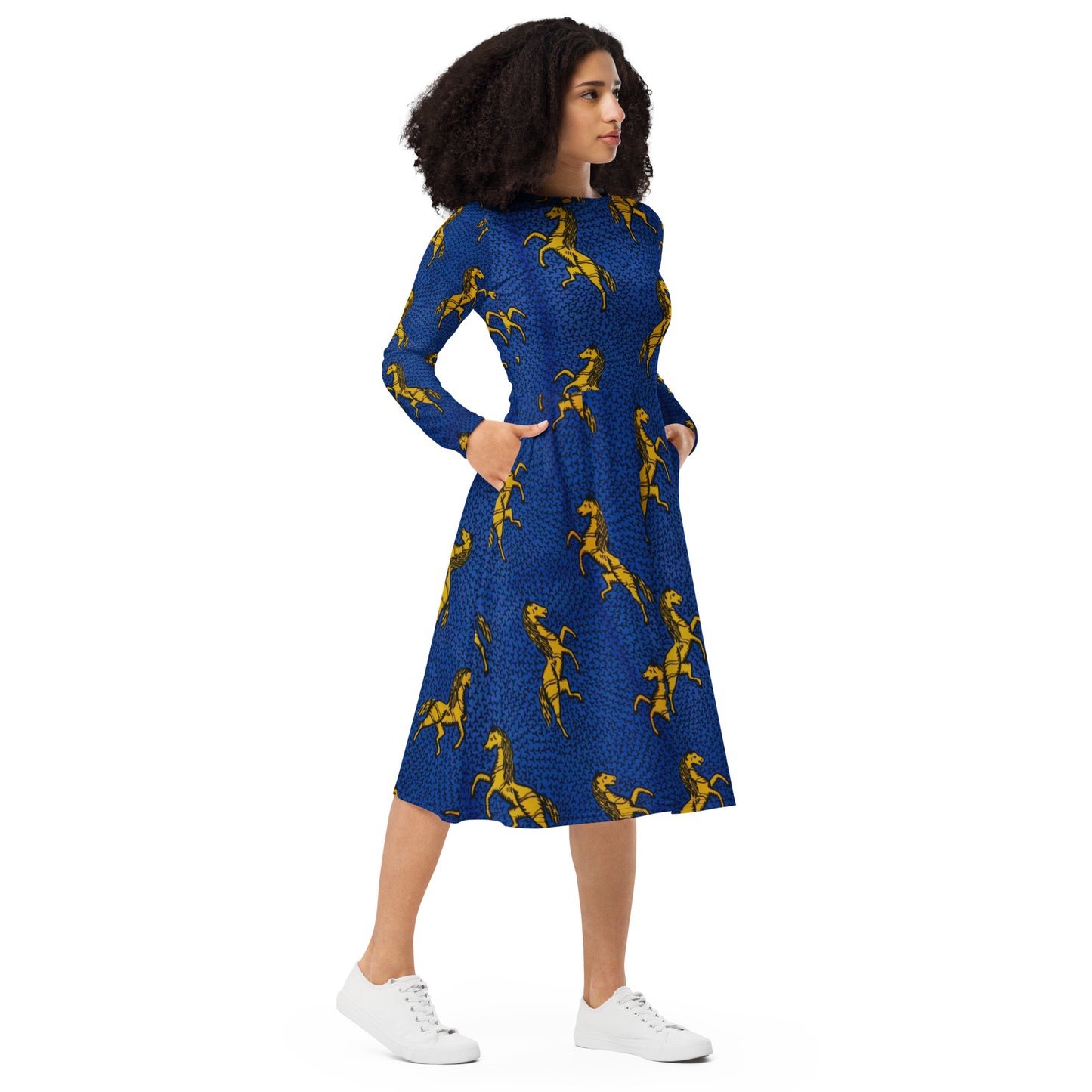 Yellow Horses On Blue Ankara Long Sleeve Midi Dress