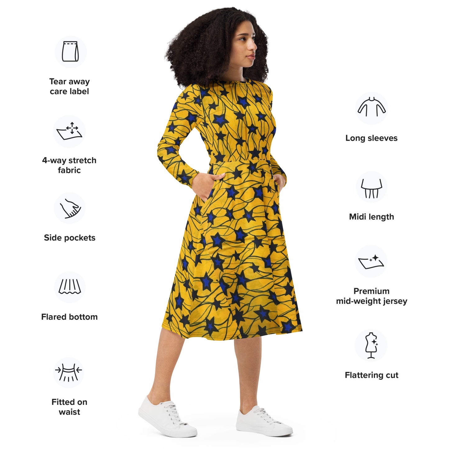 Yellow Blue Star Ankara Long Sleeve Midi Dress