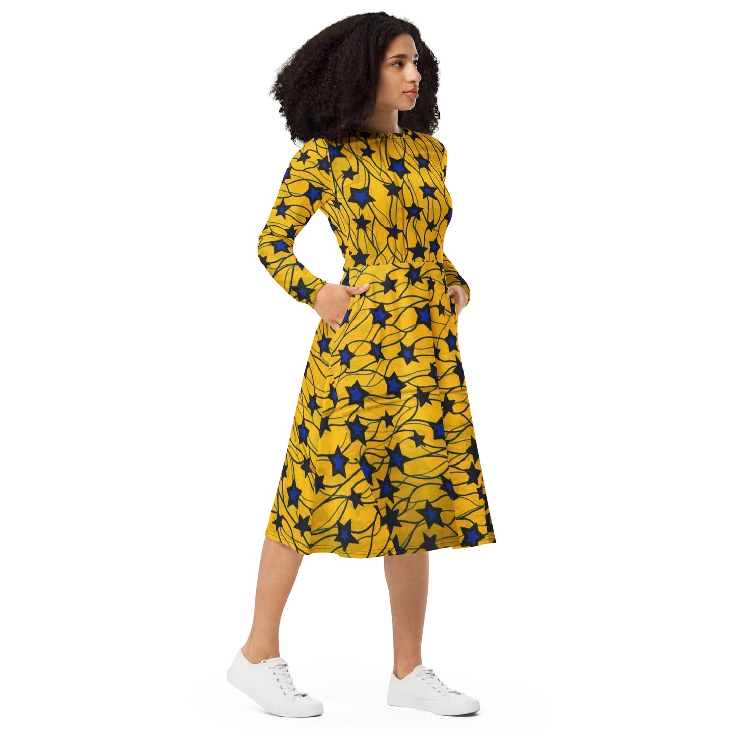 Yellow Blue Star Ankara Long Sleeve Midi Dress