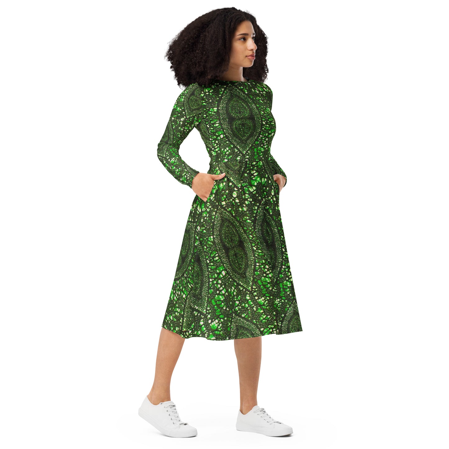 Green Peas Ankara Long Sleeve Midi Dress