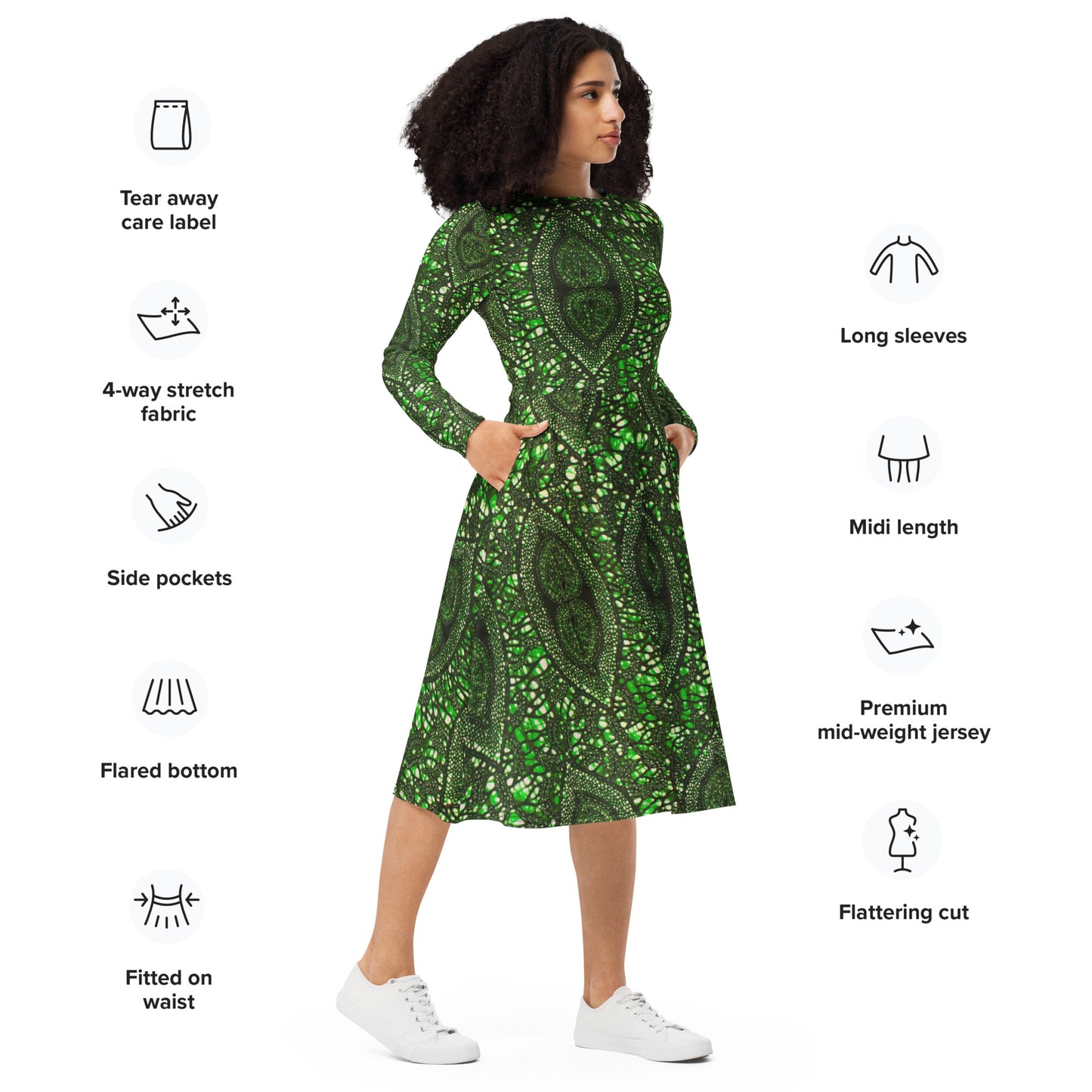 Green Peas Ankara Long Sleeve Midi Dress