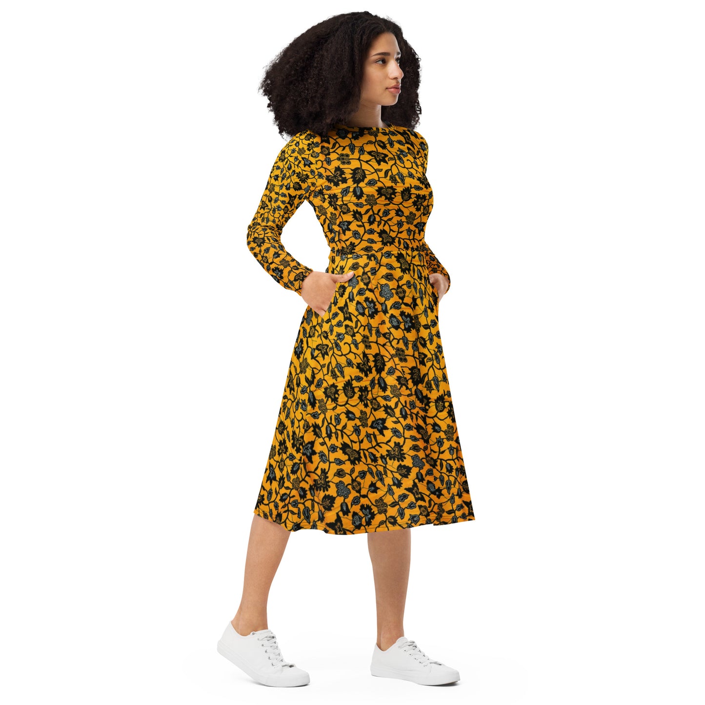 Yellow & Leaves Ankara Long Sleeve Midi Dress