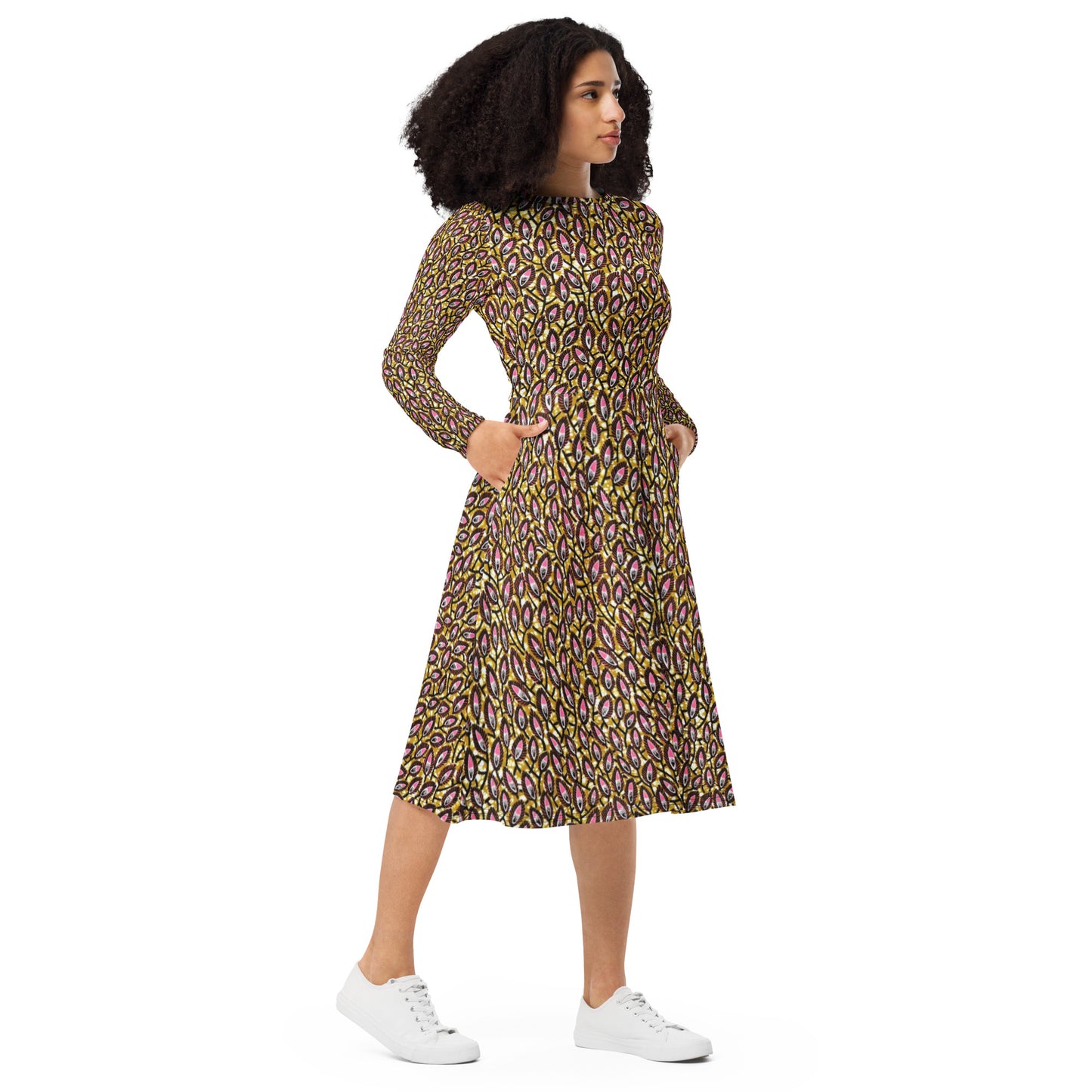 Pink Brown Ankara Long Sleeve Midi Dress