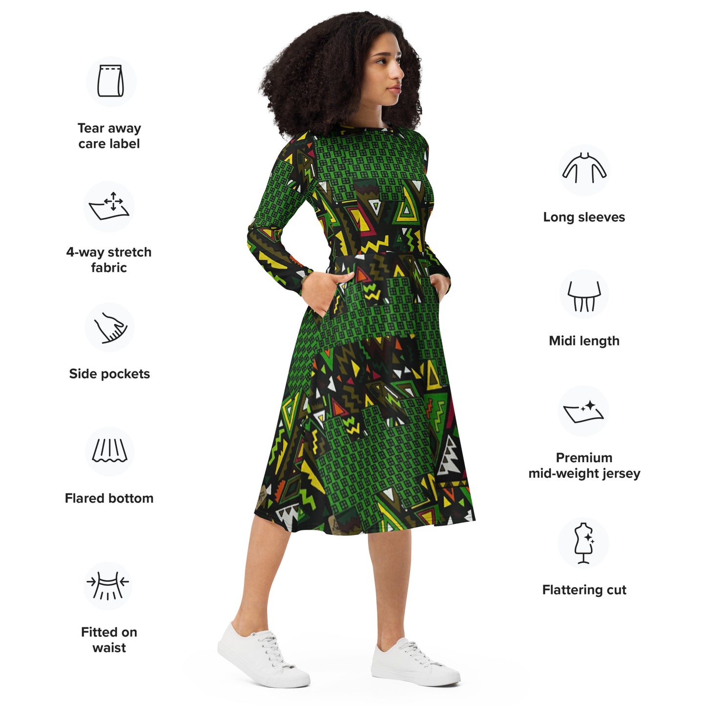 Vibrant Multicolour Green Black Yellow Red Ethnic Ankara Long Sleeve Midi Dress