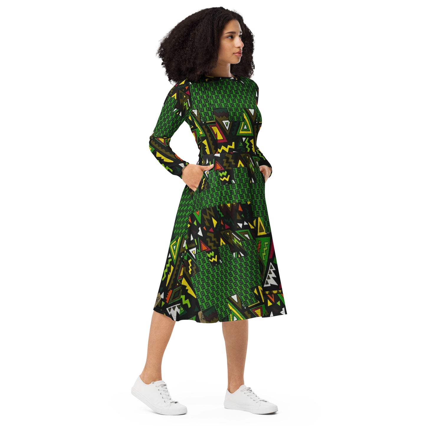 Vibrant Multicolour Green Black Yellow Red Ethnic Ankara Long Sleeve Midi Dress