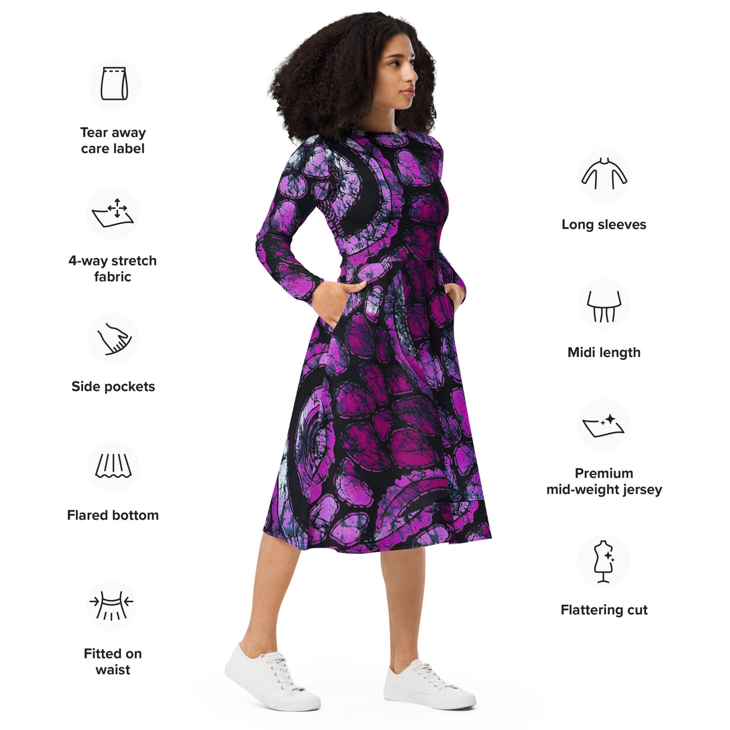 Purple & Black Ankara Long Sleeve Midi Dress