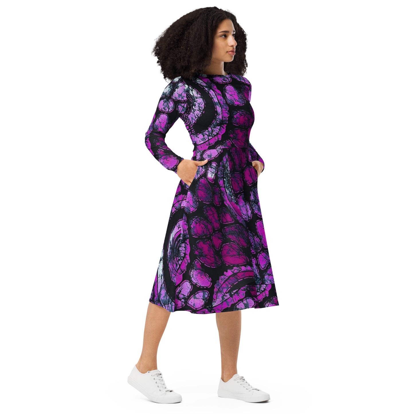 Purple & Black Ankara Long Sleeve Midi Dress