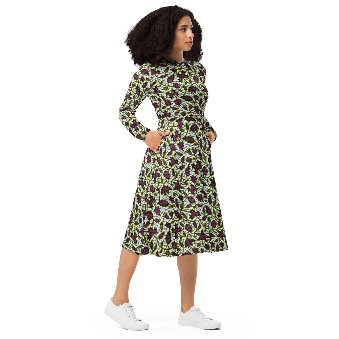 Pink Green Leaves Ankara Long Sleeve Midi Dress