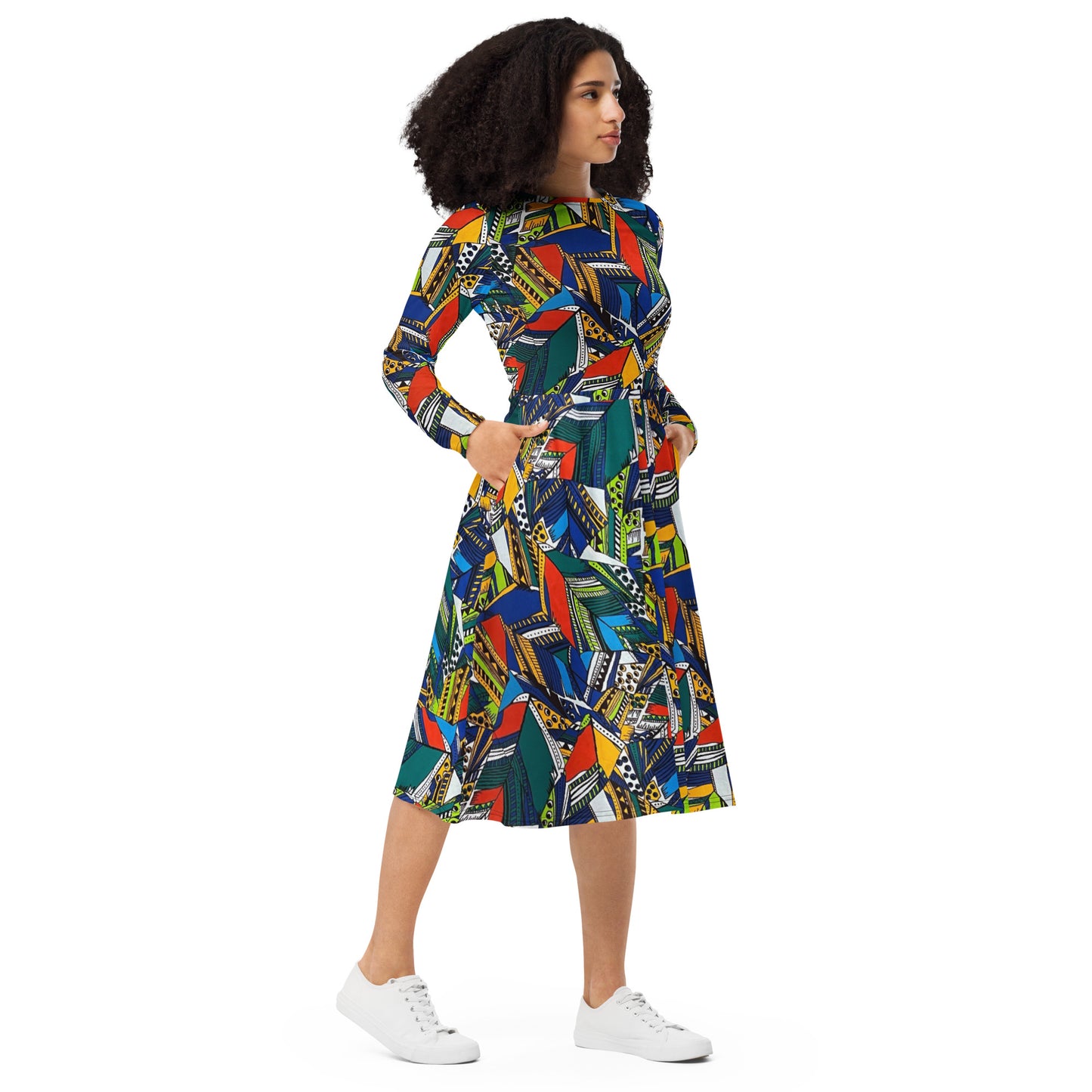 Multicolour Shapes Ankara Long Sleeve Midi Dress