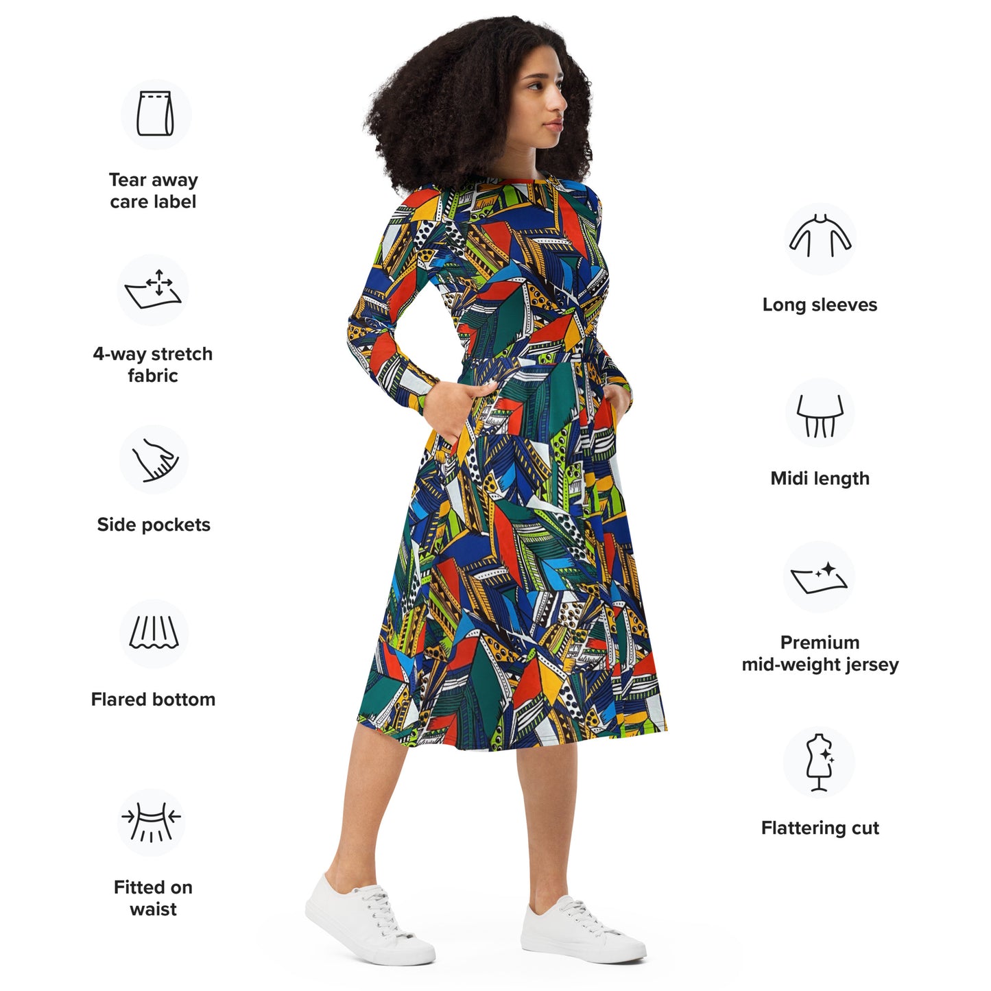 Multicolour Shapes Ankara Long Sleeve Midi Dress