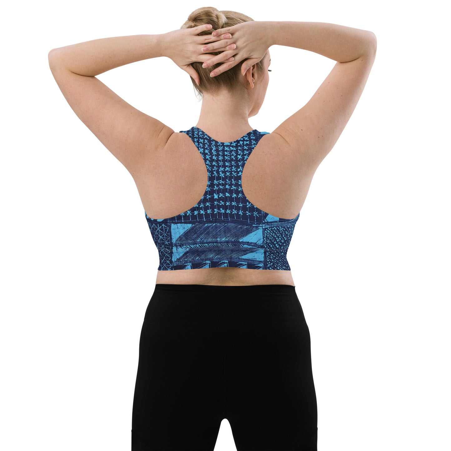 Black And Turquoise Shapes Adire Longline Sports Bra