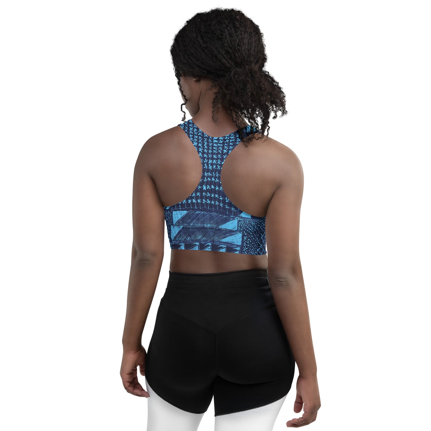 Black And Turquoise Shapes Adire Longline Sports Bra