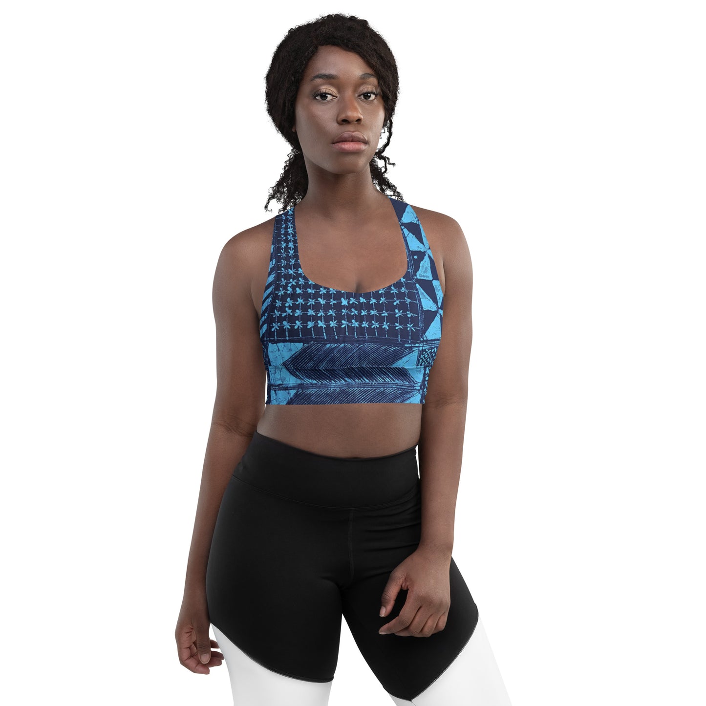 Black And Turquoise Shapes Adire Longline Sports Bra