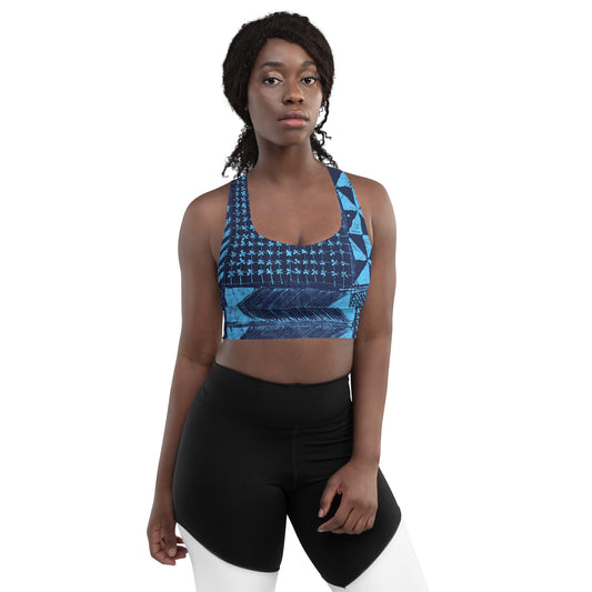 Black And Turquoise Shapes Adire Longline Sports Bra