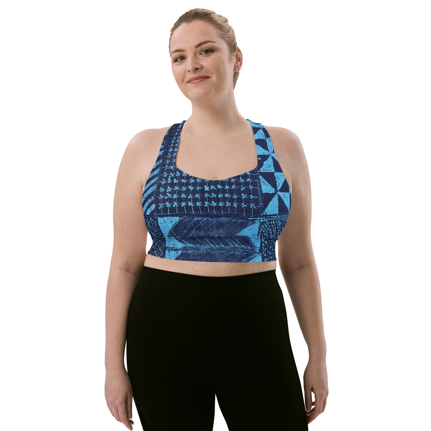 Black And Turquoise Shapes Adire Longline Sports Bra