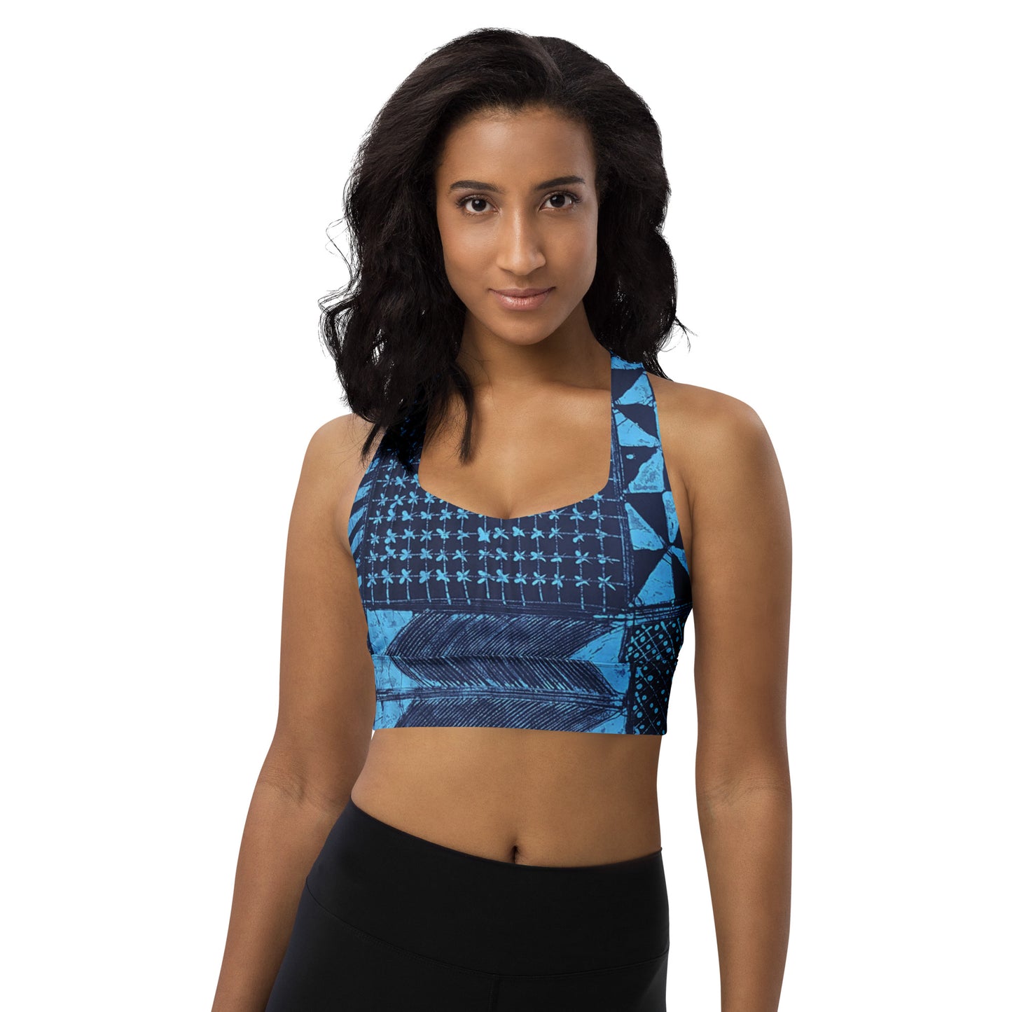 Black And Turquoise Shapes Adire Longline Sports Bra