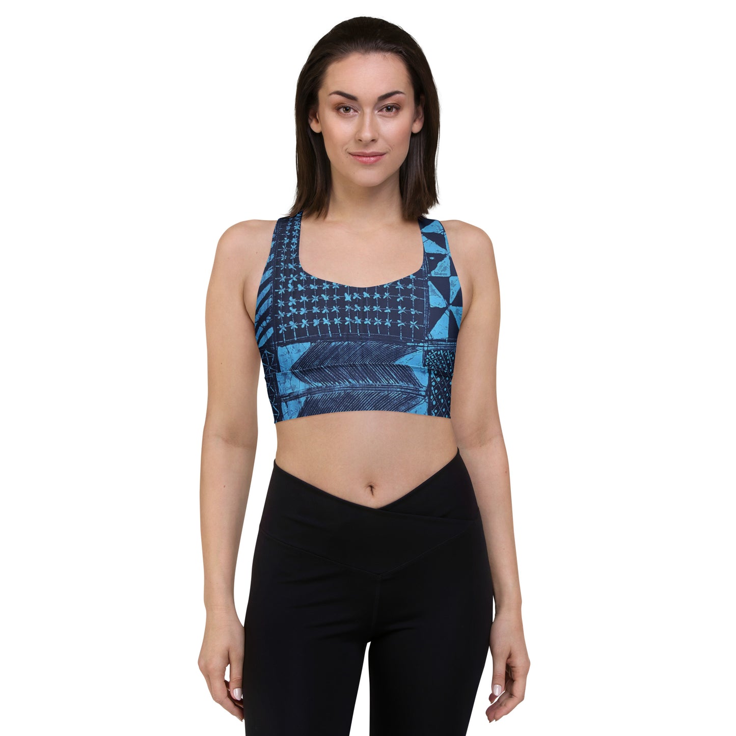 Black And Turquoise Shapes Adire Longline Sports Bra