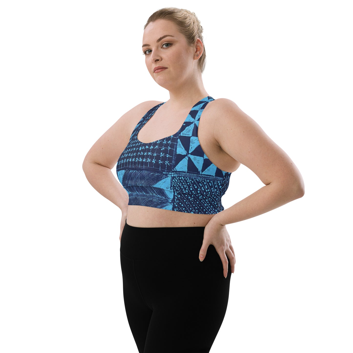 Black And Turquoise Shapes Adire Longline Sports Bra