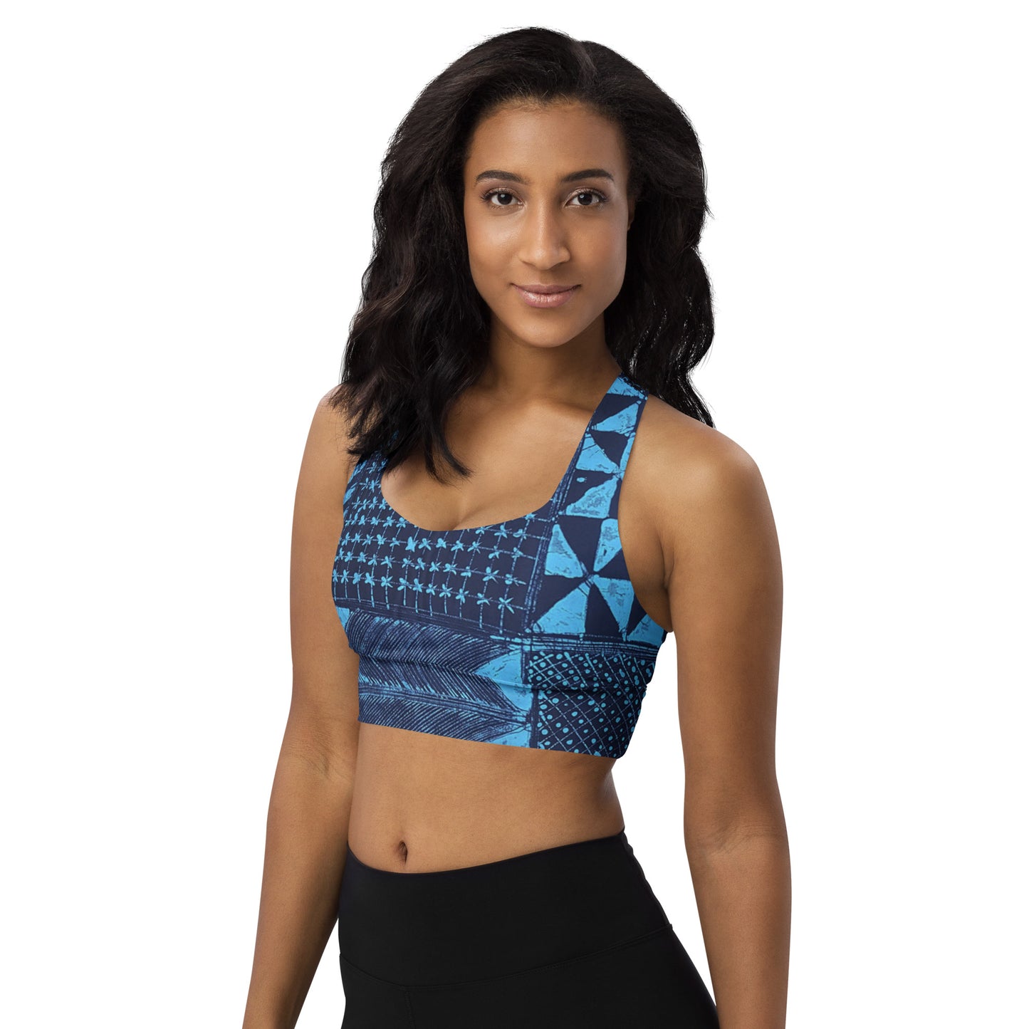 Black And Turquoise Shapes Adire Longline Sports Bra