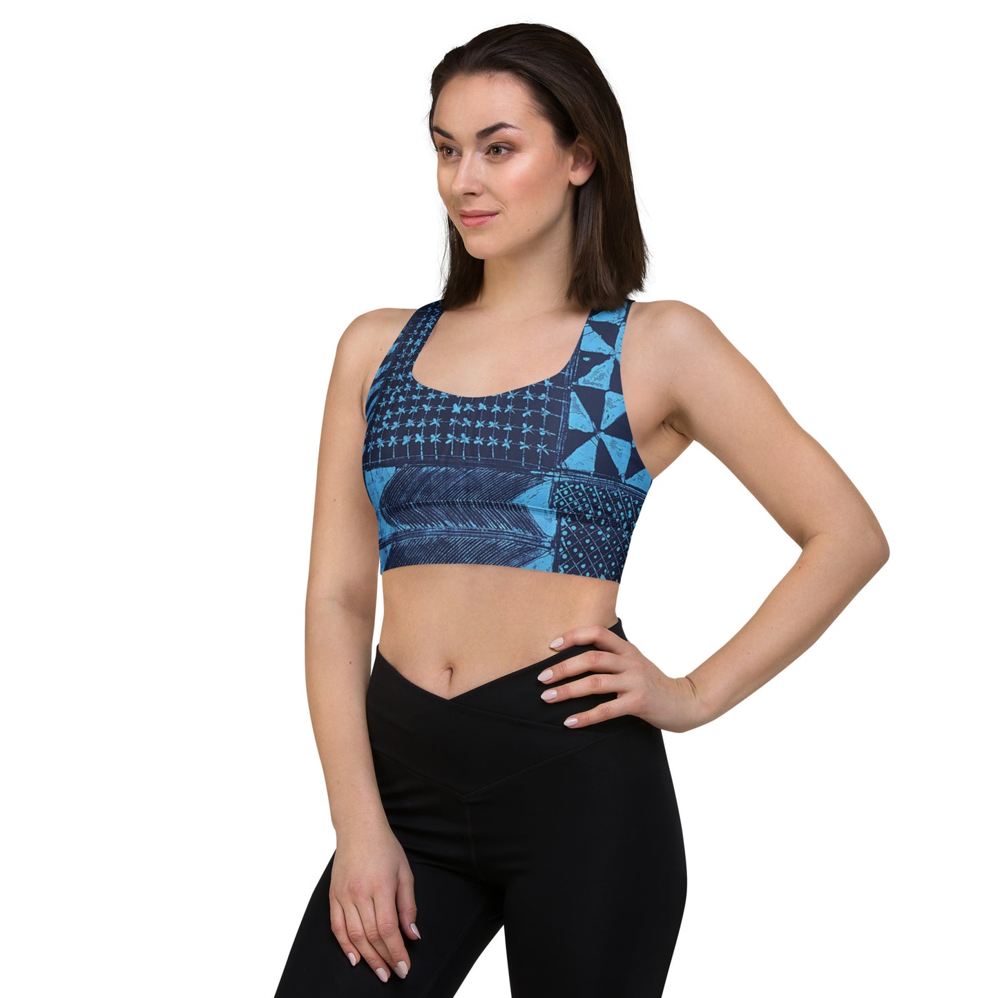 Black And Turquoise Shapes Adire Longline Sports Bra