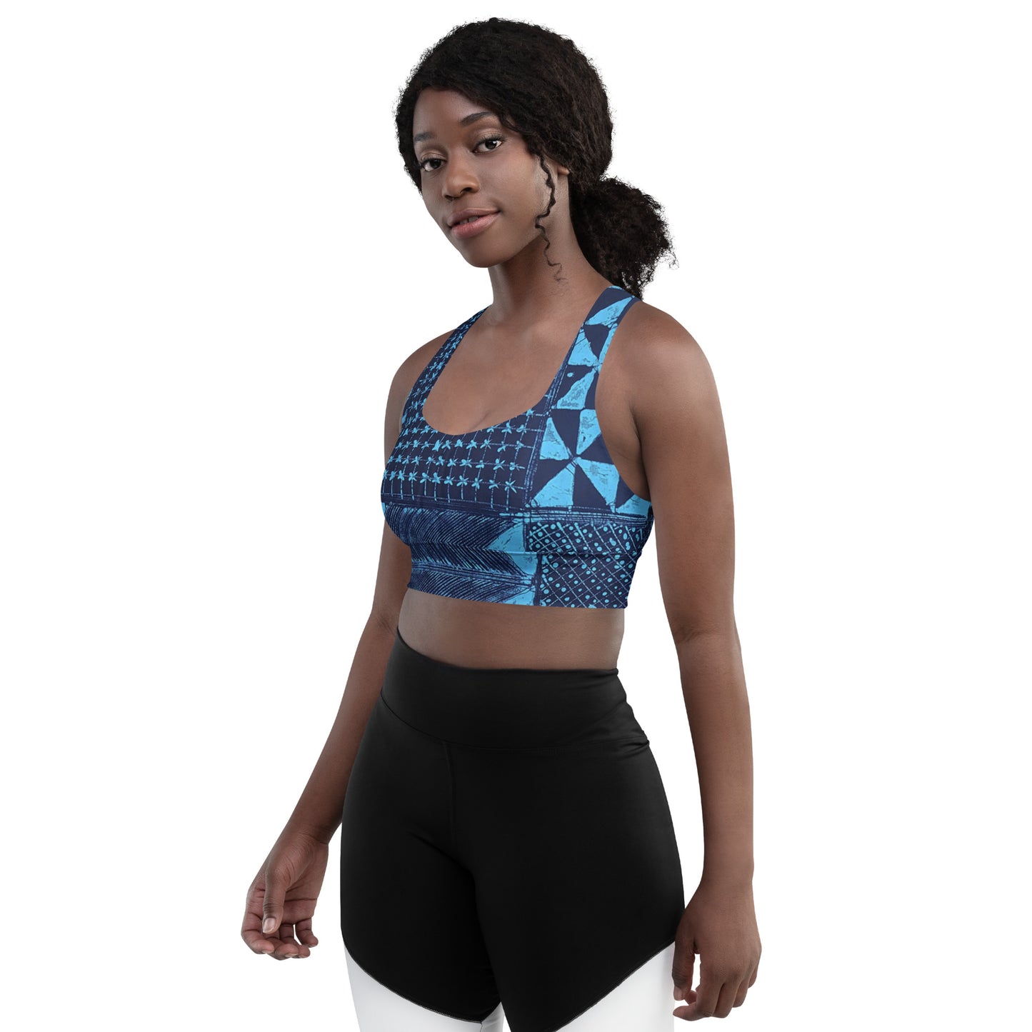 Black And Turquoise Shapes Adire Longline Sports Bra