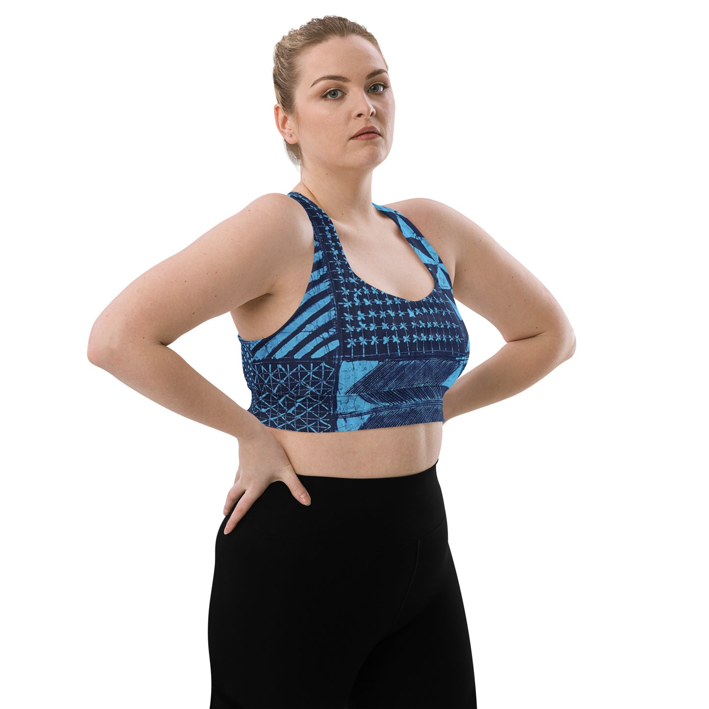 Black And Turquoise Shapes Adire Longline Sports Bra