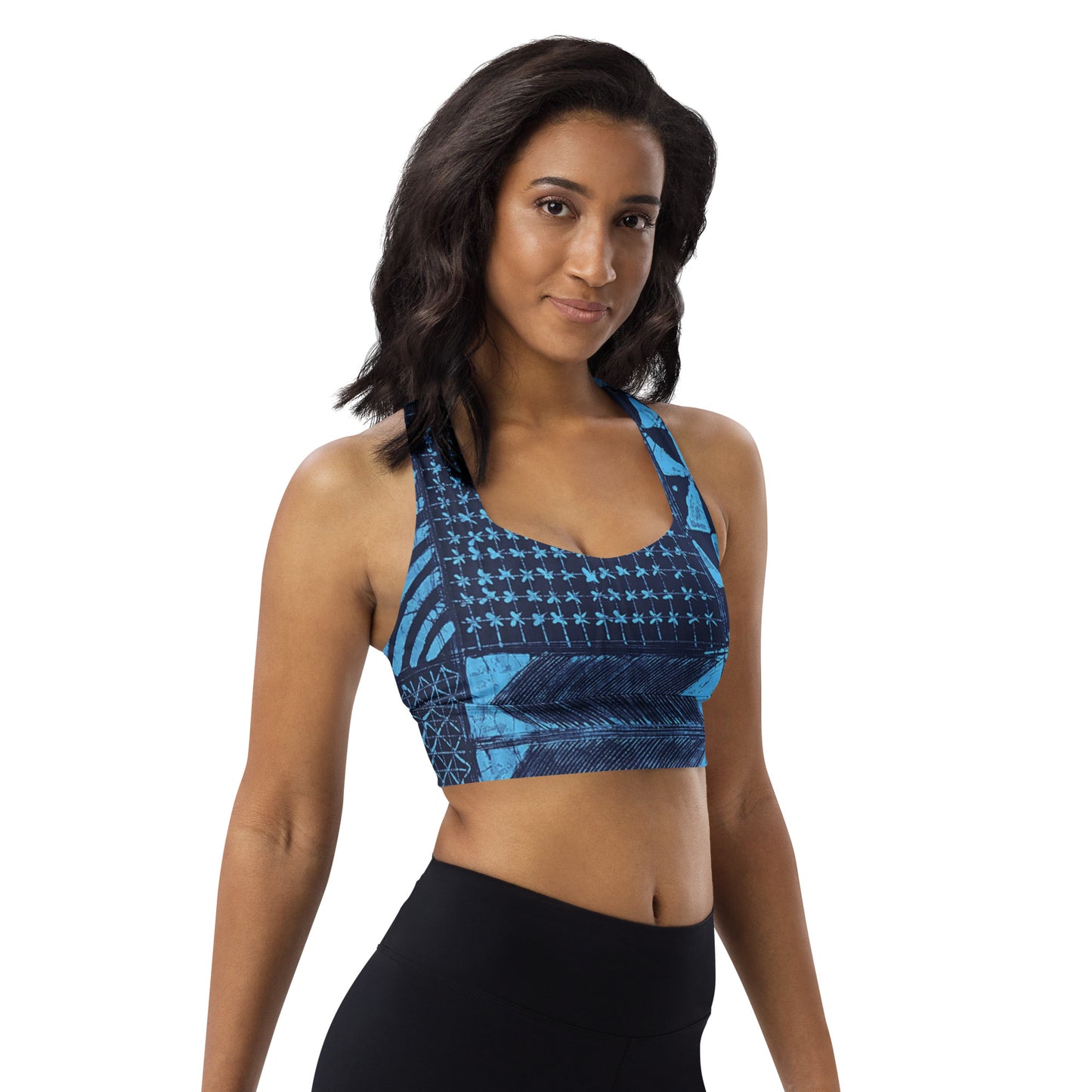 Black And Turquoise Shapes Adire Longline Sports Bra