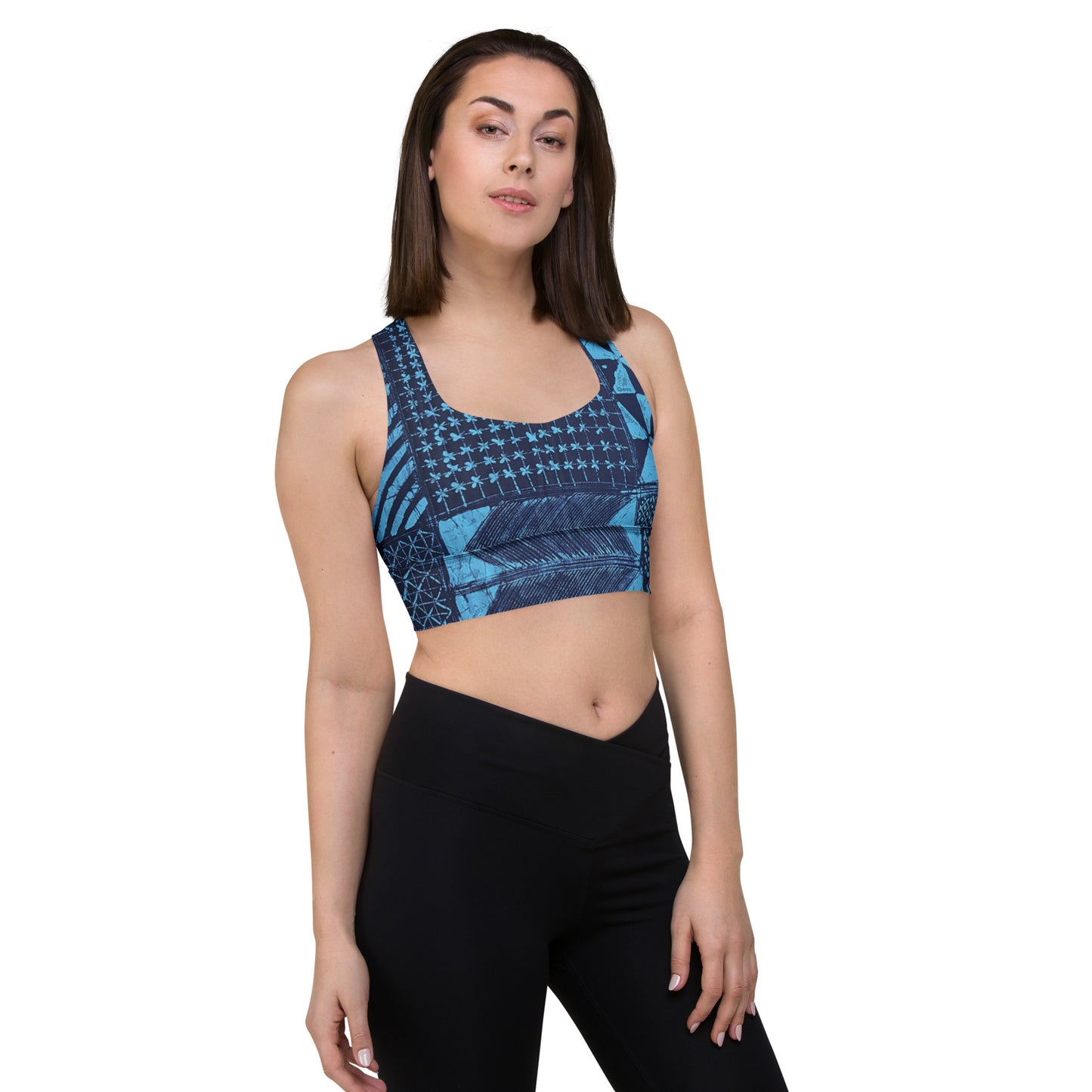 Black And Turquoise Shapes Adire Longline Sports Bra