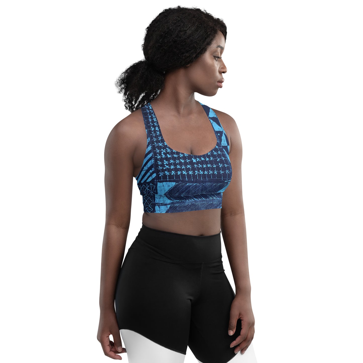 Black And Turquoise Shapes Adire Longline Sports Bra