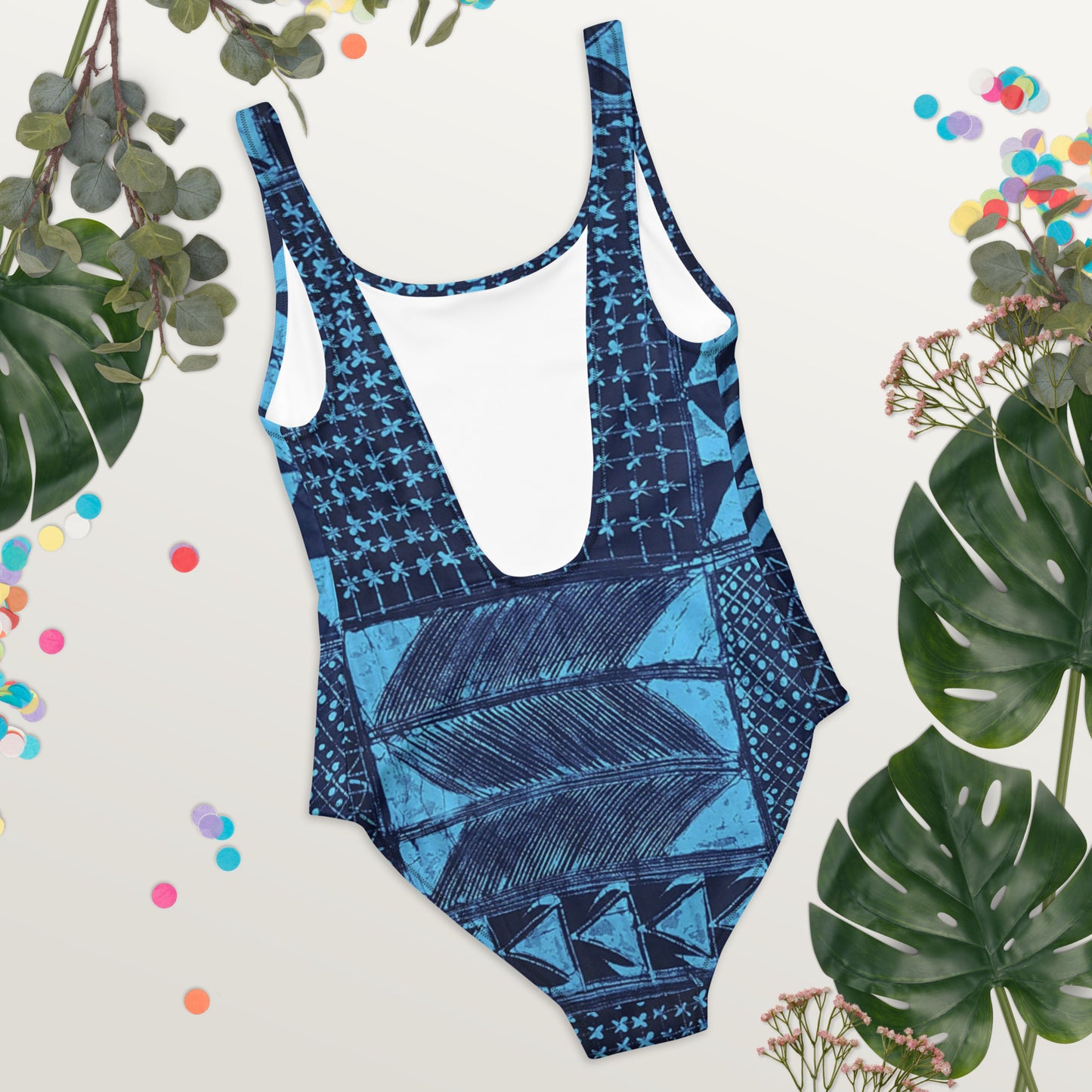 Black And Turquoise Shapes Adire One-Piece Swimsuit