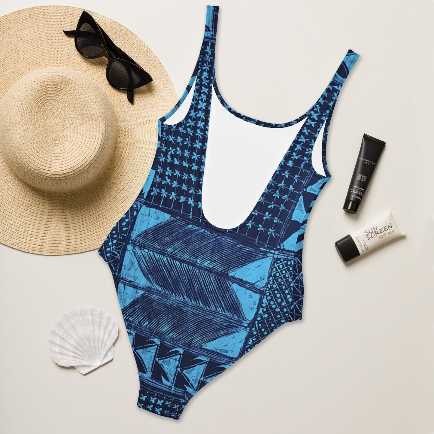 Black And Turquoise Shapes Adire One-Piece Swimsuit